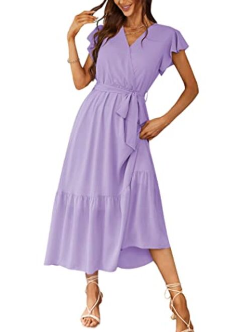 PRETTYGARDEN Women's Floral Summer Dress Wrap V Neck Short Sleeve Belted Ruffle Hem A-Line Bohemian Maxi Dresses