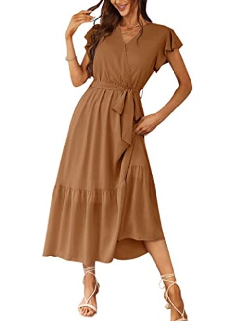 PRETTYGARDEN Women's Floral Summer Dress Wrap V Neck Short Sleeve Belted Ruffle Hem A-Line Bohemian Maxi Dresses