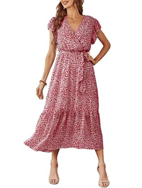 PRETTYGARDEN Women's Floral Summer Dress Wrap V Neck Short Sleeve Belted Ruffle Hem A-Line Bohemian Maxi Dresses