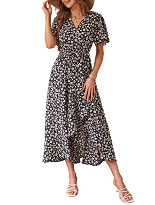 PRETTYGARDEN Women's Floral Summer Dress Wrap V Neck Short Sleeve Belted Ruffle Hem A-Line Bohemian Maxi Dresses