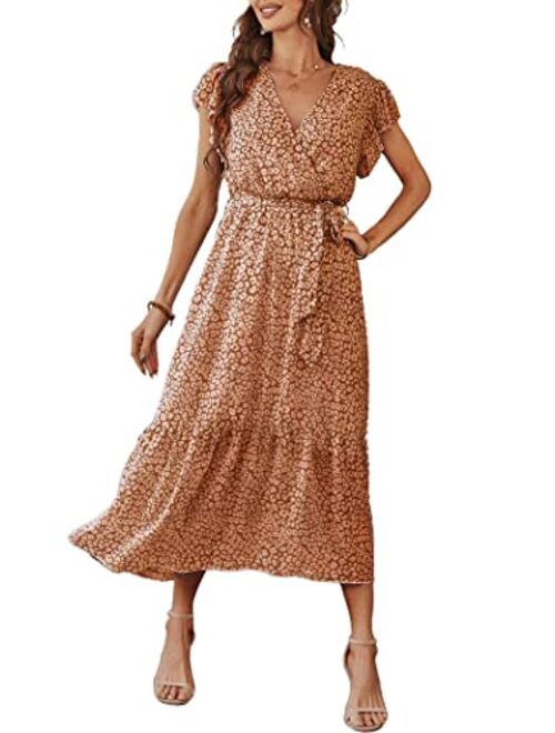 PRETTYGARDEN Women's Floral Summer Dress Wrap V Neck Short Sleeve Belted Ruffle Hem A-Line Bohemian Maxi Dresses