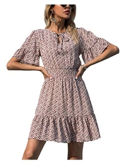 Women's Summer Boho Short Dresses Floral Print Tie Neck Short Sleeve Elastic High Waist Ruffle Mini Skater Dress