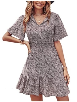 Women's Summer Boho Short Dresses Floral Print Tie Neck Short Sleeve Elastic High Waist Ruffle Mini Skater Dress