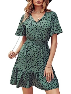 Women's Summer Boho Short Dresses Floral Print Tie Neck Short Sleeve Elastic High Waist Ruffle Mini Skater Dress