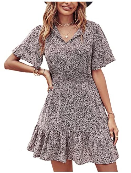 PRETTYGARDEN Women's Summer Boho Short Dresses Floral Print Tie Neck Short Sleeve Elastic High Waist Ruffle Mini Skater Dress