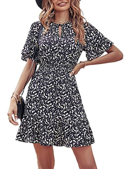 PRETTYGARDEN Women's Summer Boho Short Dresses Floral Print Tie Neck Short Sleeve Elastic High Waist Ruffle Mini Skater Dress