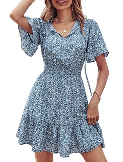 PRETTYGARDEN Women's Summer Boho Short Dresses Floral Print Tie Neck Short Sleeve Elastic High Waist Ruffle Mini Skater Dress