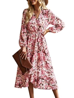 Women's Long Sleeve Vintage Wrap Dress Floral Print V-Neck Maxi Dresses with Belt