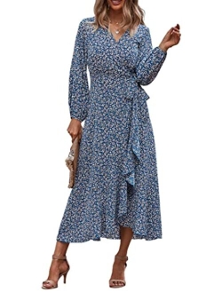 Women's Long Sleeve Vintage Wrap Dress Floral Print V-Neck Maxi Dresses with Belt