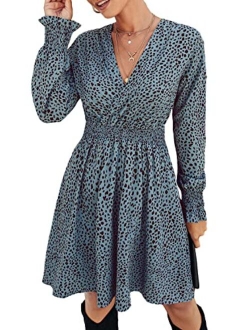 Women's Leopard Mini Dress Long Sleeve V Neck Elastic High Waist Chiffon Swing A-Line Dresses