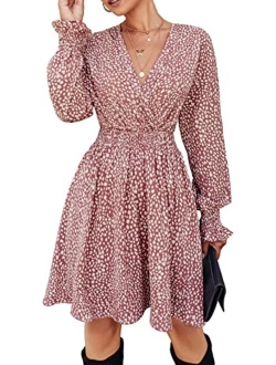 Women's Leopard Mini Dress Long Sleeve V Neck Elastic High Waist Chiffon Swing A-Line Dresses