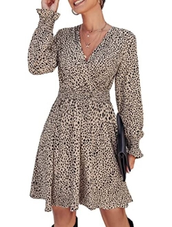 Women's Leopard Mini Dress Long Sleeve V Neck Elastic High Waist Chiffon Swing A-Line Dresses