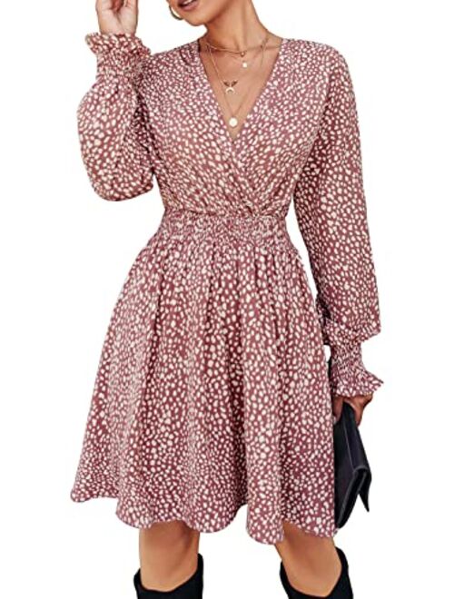 PRETTYGARDEN Women's Leopard Mini Dress Long Sleeve V Neck Elastic High Waist Chiffon Swing A-Line Dresses