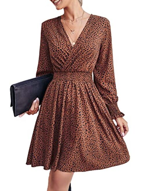 PRETTYGARDEN Women's Leopard Mini Dress Long Sleeve V Neck Elastic High Waist Chiffon Swing A-Line Dresses