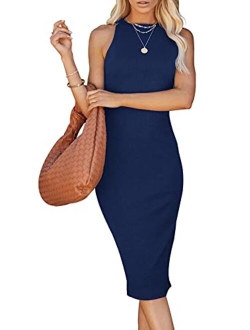 Women Basic Bodycon Midi Dress Crewneck Sleeveless Casual Summer Tank Top Dresses