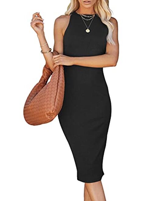 PRETTYGARDEN Women Basic Bodycon Midi Dress Crewneck Sleeveless Casual Summer Tank Top Dresses