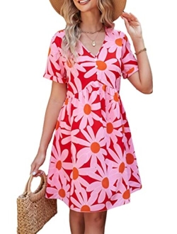 Summer Dress for Women Short Sleeve V Neck Ruffled Floral Swing A-Line Dresses