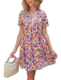 Summer Dress for Women Short Sleeve V Neck Ruffled Floral Swing A-Line Dresses