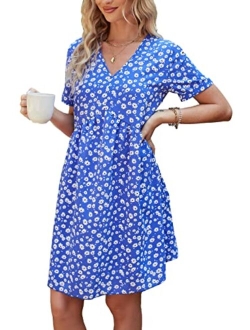 Summer Dress for Women Short Sleeve V Neck Ruffled Floral Swing A-Line Dresses