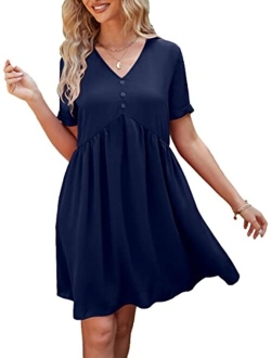 Summer Dress for Women Short Sleeve V Neck Ruffled Floral Swing A-Line Dresses