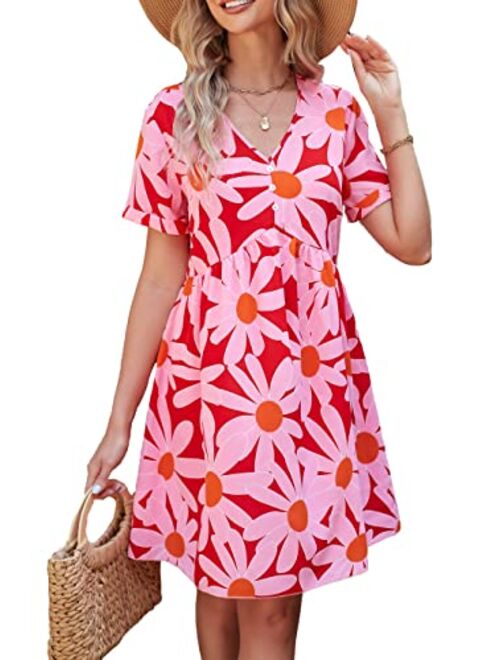 PRETTYGARDEN Summer Dress for Women Short Sleeve V Neck Ruffled Floral Swing A-Line Dresses