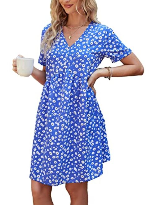 PRETTYGARDEN Summer Dress for Women Short Sleeve V Neck Ruffled Floral Swing A-Line Dresses