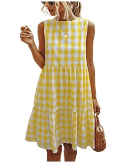 Women's Casual Plaid Sleeveless Ruffle Sundress Round Neck A-Line Pleated Mini Short T Shirt Dress with Pockets