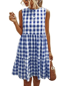 Women's Casual Plaid Sleeveless Ruffle Sundress Round Neck A-Line Pleated Mini Short T Shirt Dress with Pockets