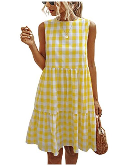 PRETTYGARDEN Women's Casual Plaid Sleeveless Ruffle Sundress Round Neck A-Line Pleated Mini Short T Shirt Dress with Pockets