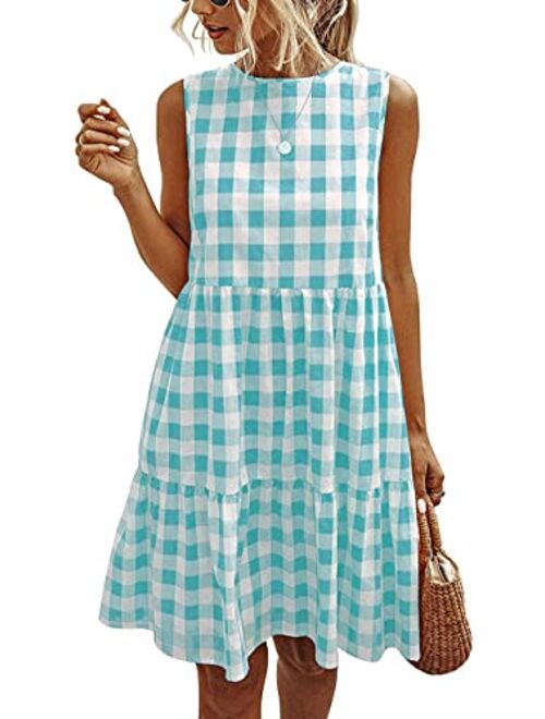 PRETTYGARDEN Women's Casual Plaid Sleeveless Ruffle Sundress Round Neck A-Line Pleated Mini Short T Shirt Dress with Pockets