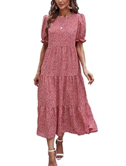 Women's Summer Casual Boho Dress Floral Print Ruffle Puff Sleeve High Waist Midi Beach Dresses