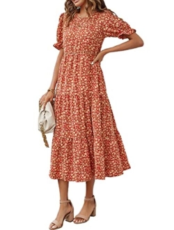 Women's Summer Casual Boho Dress Floral Print Ruffle Puff Sleeve High Waist Midi Beach Dresses