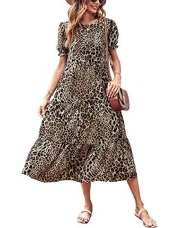 Women's Summer Casual Boho Dress Floral Print Ruffle Puff Sleeve High Waist Midi Beach Dresses