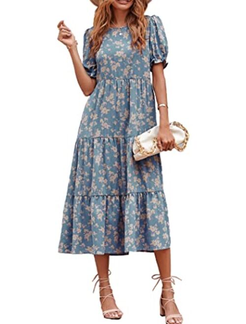 PRETTYGARDEN Women's Summer Casual Boho Dress Floral Print Ruffle Puff Sleeve High Waist Midi Beach Dresses