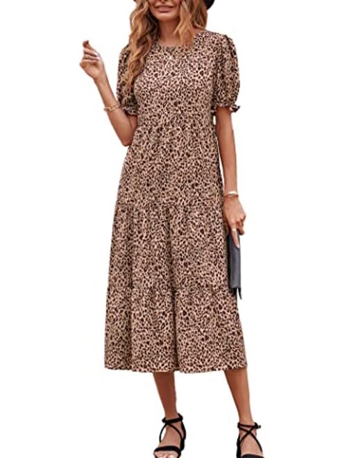 PRETTYGARDEN Women's Summer Casual Boho Dress Floral Print Ruffle Puff Sleeve High Waist Midi Beach Dresses