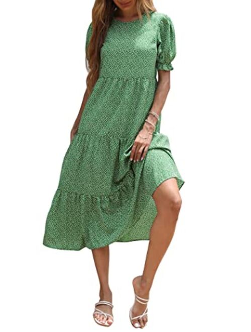 PRETTYGARDEN Women's Summer Casual Boho Dress Floral Print Ruffle Puff Sleeve High Waist Midi Beach Dresses