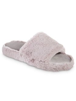 Signature Women's Memory Foam Faux Fur and Satin Tabby Slide Slippers