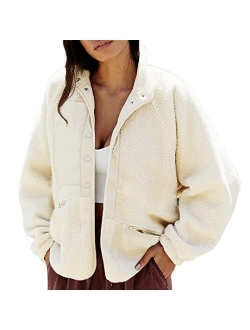 Women's Casual Lapel Long Sleeve Button Sherpa Fuzzy Jacket Coat Winter Fleece Outwear With Pockets