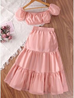 Girls Off Shoulder Puff Sleeve Top & Ruffle Hem Skirt