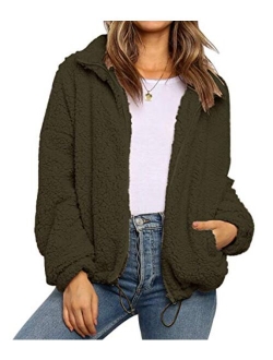 Women's Fashion Long Sleeve Lapel Zip Up Faux Shearling Shaggy Oversized Coat Jacket For Warm Winter