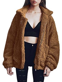 Women's Fashion Long Sleeve Lapel Zip Up Faux Shearling Shaggy Oversized Coat Jacket For Warm Winter