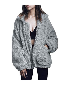 Women's Fashion Long Sleeve Lapel Zip Up Faux Shearling Shaggy Oversized Coat Jacket For Warm Winter