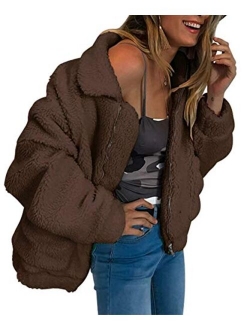 Women's Fashion Long Sleeve Lapel Zip Up Faux Shearling Shaggy Oversized Coat Jacket For Warm Winter