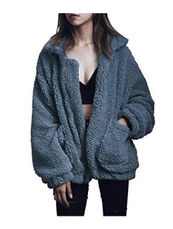 Women's Fashion Long Sleeve Lapel Zip Up Faux Shearling Shaggy Oversized Coat Jacket For Warm Winter