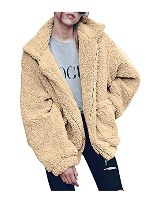 PRETTYGARDEN Women's Fashion Long Sleeve Lapel Zip Up Faux Shearling Shaggy Oversized Coat Jacket For Warm Winter