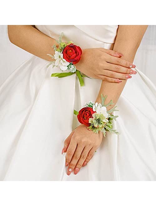 Campsis 2PCS Wedding Bridal Handmade Wrist Flower Corsage Red Artificial Leave Wrist Corsage Bride Bridesmaid Ribbon Hand Flower for Prom Party Beach Photography