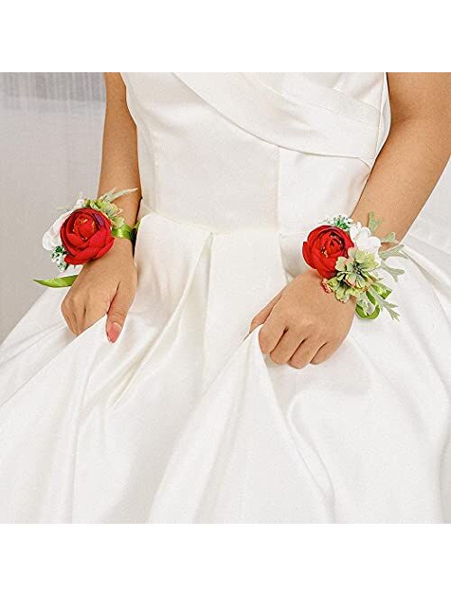 Campsis 2PCS Wedding Bridal Handmade Wrist Flower Corsage Red Artificial Leave Wrist Corsage Bride Bridesmaid Ribbon Hand Flower for Prom Party Beach Photography