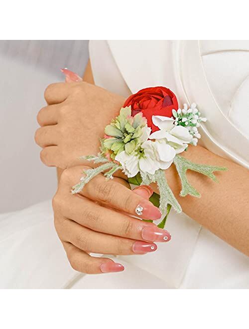 Campsis 2PCS Wedding Bridal Handmade Wrist Flower Corsage Red Artificial Leave Wrist Corsage Bride Bridesmaid Ribbon Hand Flower for Prom Party Beach Photography