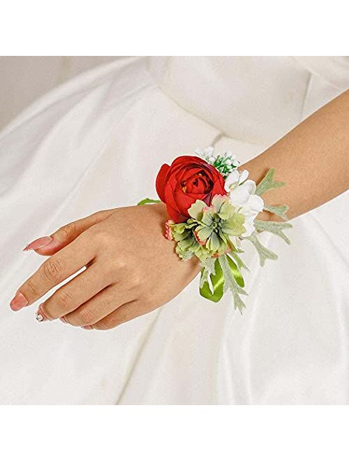 Campsis 2PCS Wedding Bridal Handmade Wrist Flower Corsage Red Artificial Leave Wrist Corsage Bride Bridesmaid Ribbon Hand Flower for Prom Party Beach Photography