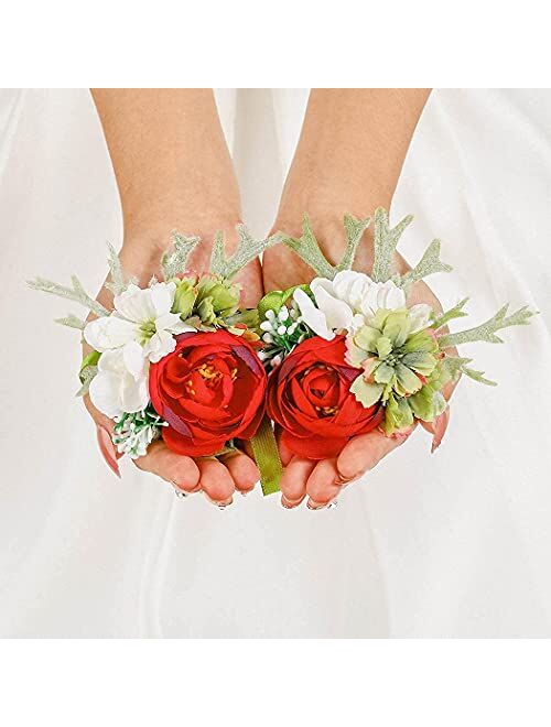 Campsis 2PCS Wedding Bridal Handmade Wrist Flower Corsage Red Artificial Leave Wrist Corsage Bride Bridesmaid Ribbon Hand Flower for Prom Party Beach Photography